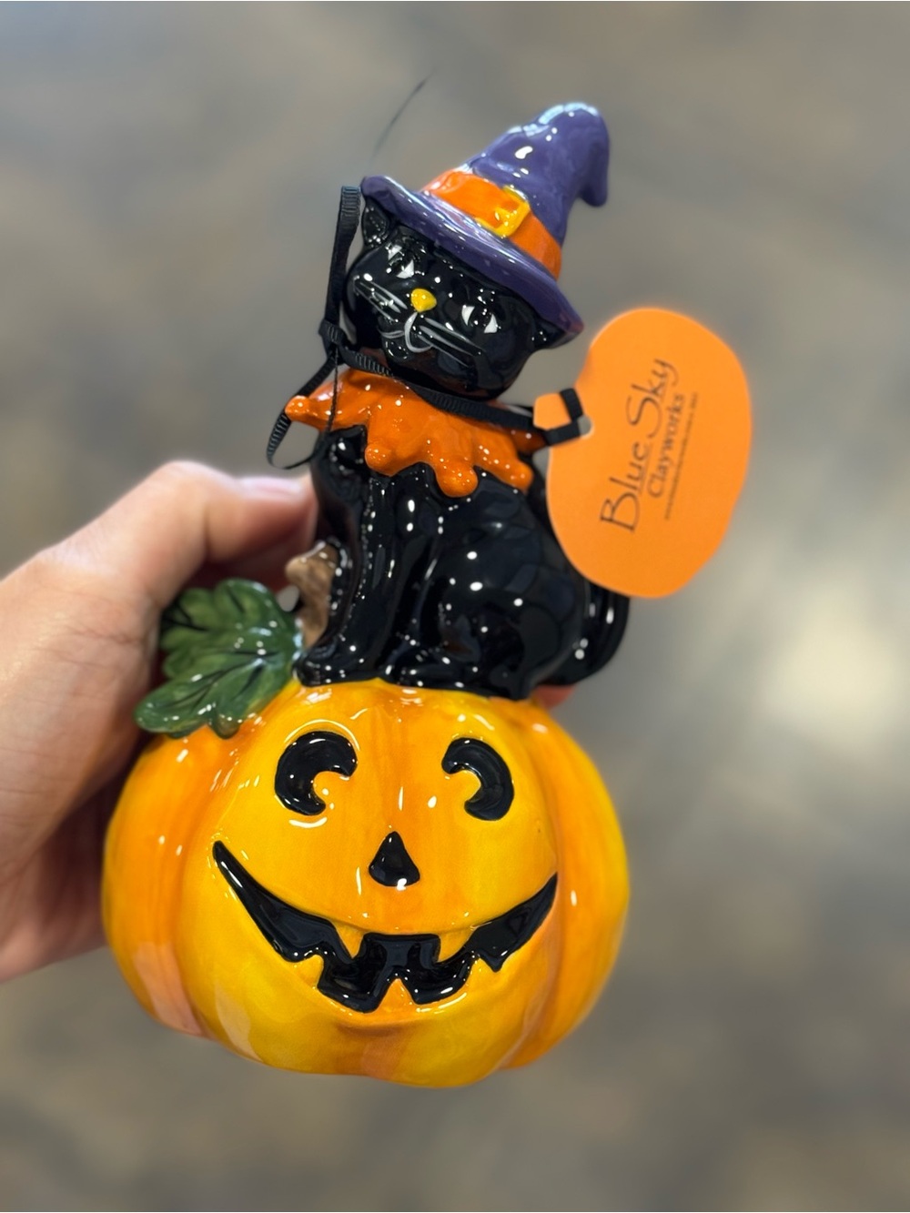 Blue Sky Halloween Black Cat on Orange Pumpkin Figurine with Purple Hat